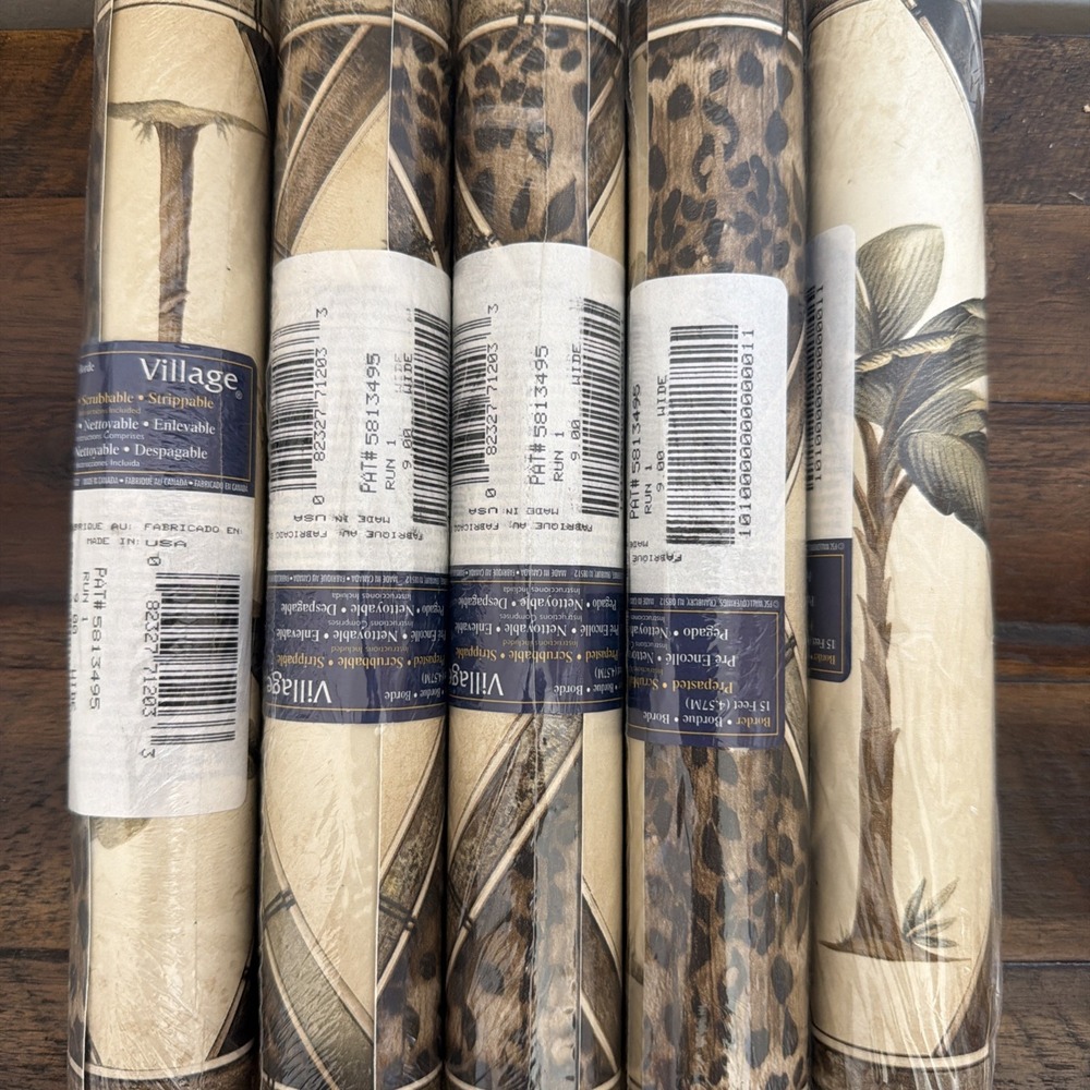 Tropical Tuscany Palm Tree Leopard Diamond Bamboo Frame Wallpaper Border 9"H